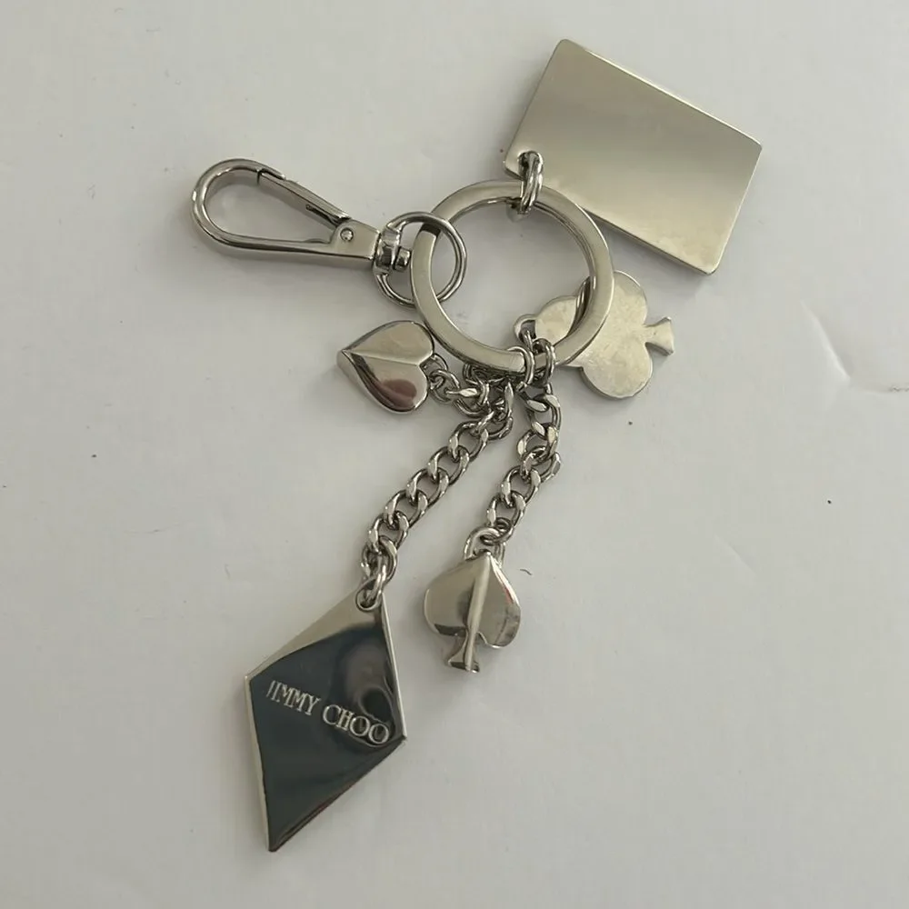 NWOT Jimmy Choo Key Chain Bag Charm Silver Queen Of Hearts Poker Themed